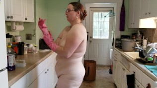 Collared slave gets plugged before scrubbing the kitchen floor